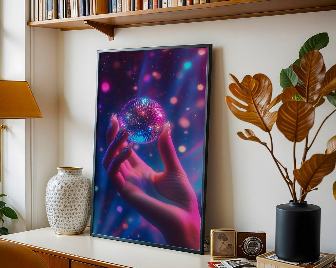 Hand Holding Glowing Disco Ball Under Neon Purple Party Lights Poster - Image 5