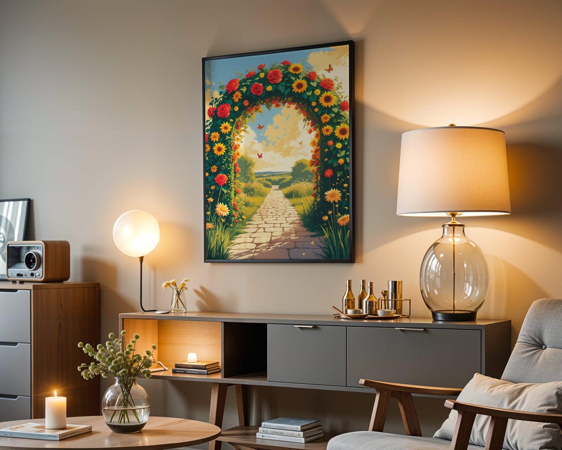 Sunflower And Red Rose Arch Over Sunlit Garden Stone Path Poster - Image 3
