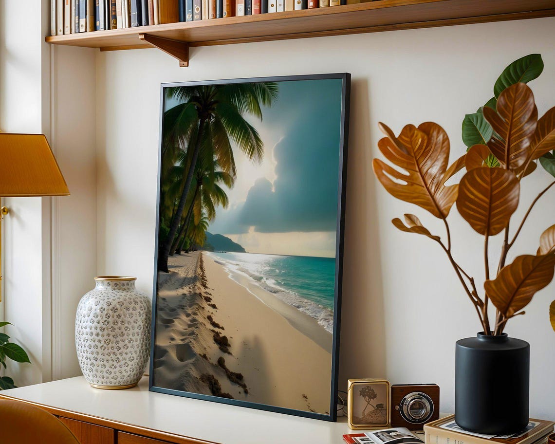 Palm Lined Sandy Beach with Footprints in Sunlit Ocean Sand Poster - Image 3