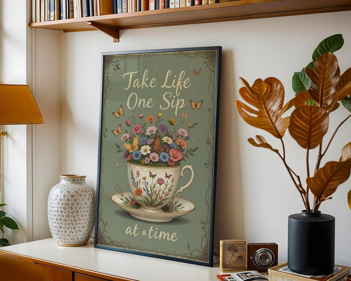 Take Life One Sip At A Time Floral Teacup Butterfly Quote Poster - Image 3