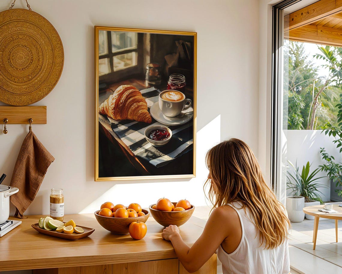 Croissant and Latte Art Cozy French Cafe Morning Scene Poster - Image 5