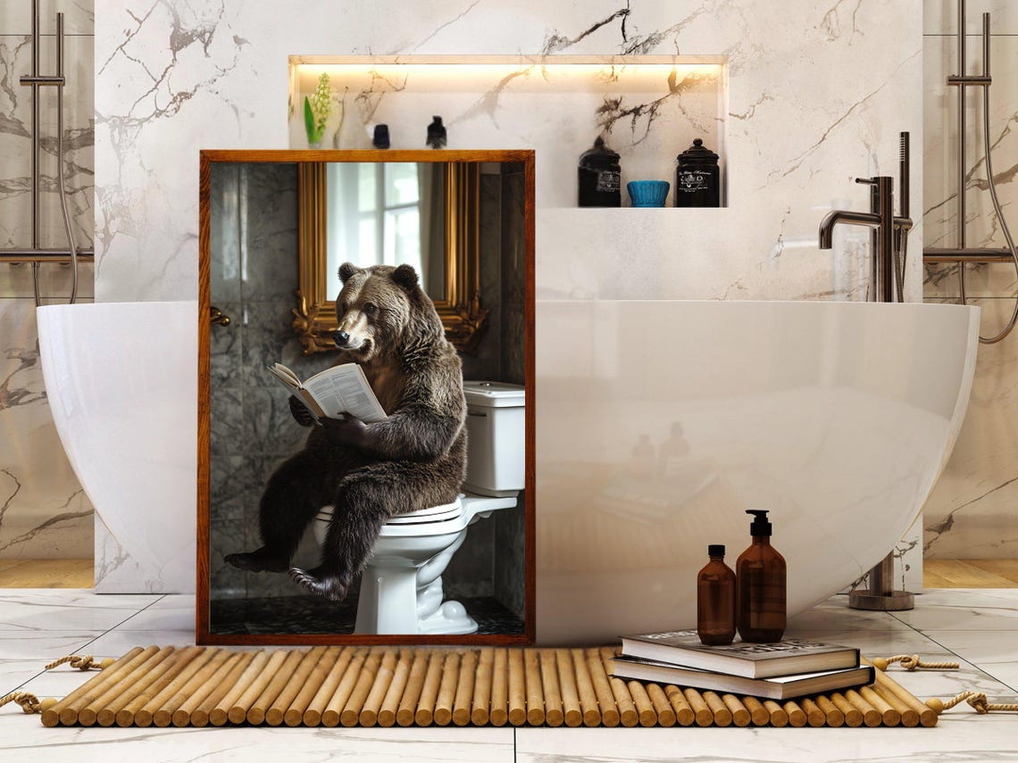 Bear Sitting on a Toilet Reading a Book in a Marble Bathroom Poster - Image 5