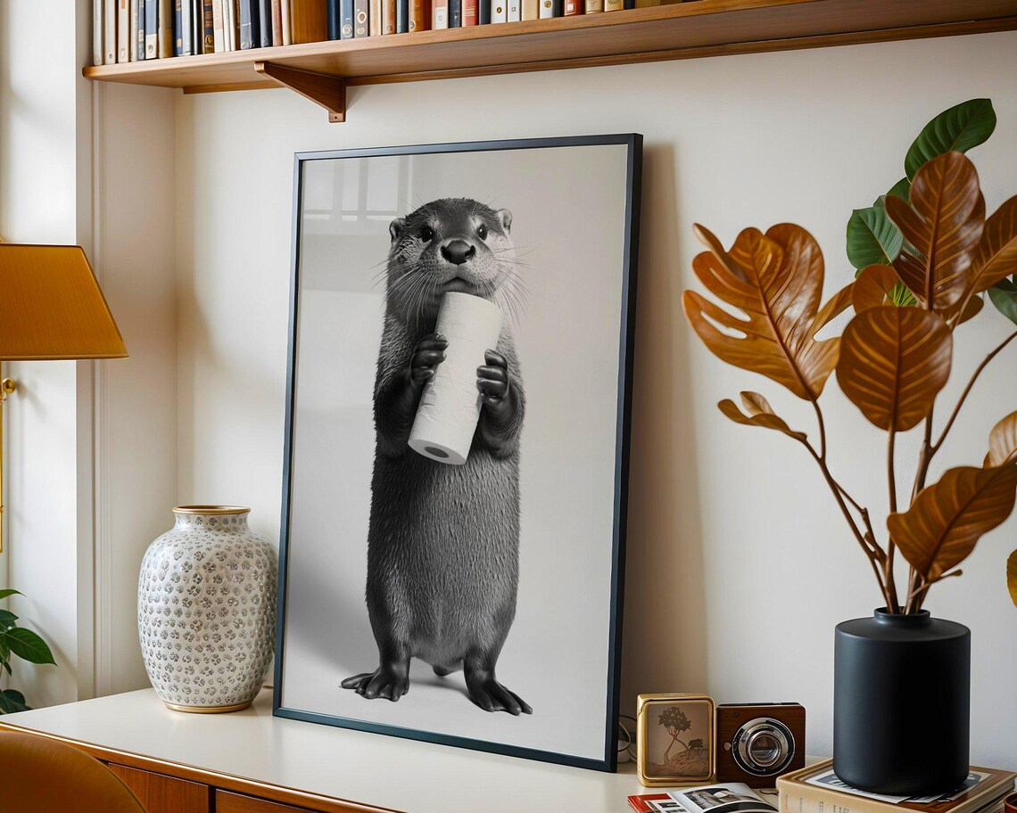 Otter Holding a Toilet Paper Roll Black and White Minimalist Poster - Image 5