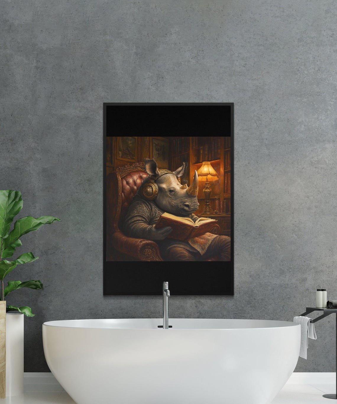 Rhino Reading A Book In A Leather Armchair In A Cozy Library Poster - Image 3
