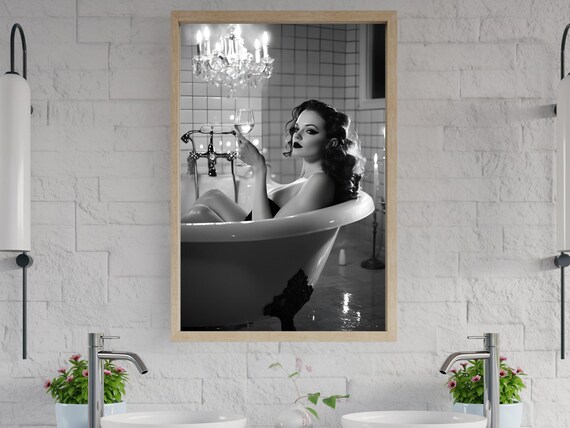 Glamorous Vintage Wall Art Elegant Black And White Bathroom Decor Retro Woman In Bathtub Print Candlelit Ambiance Classic Luxury
