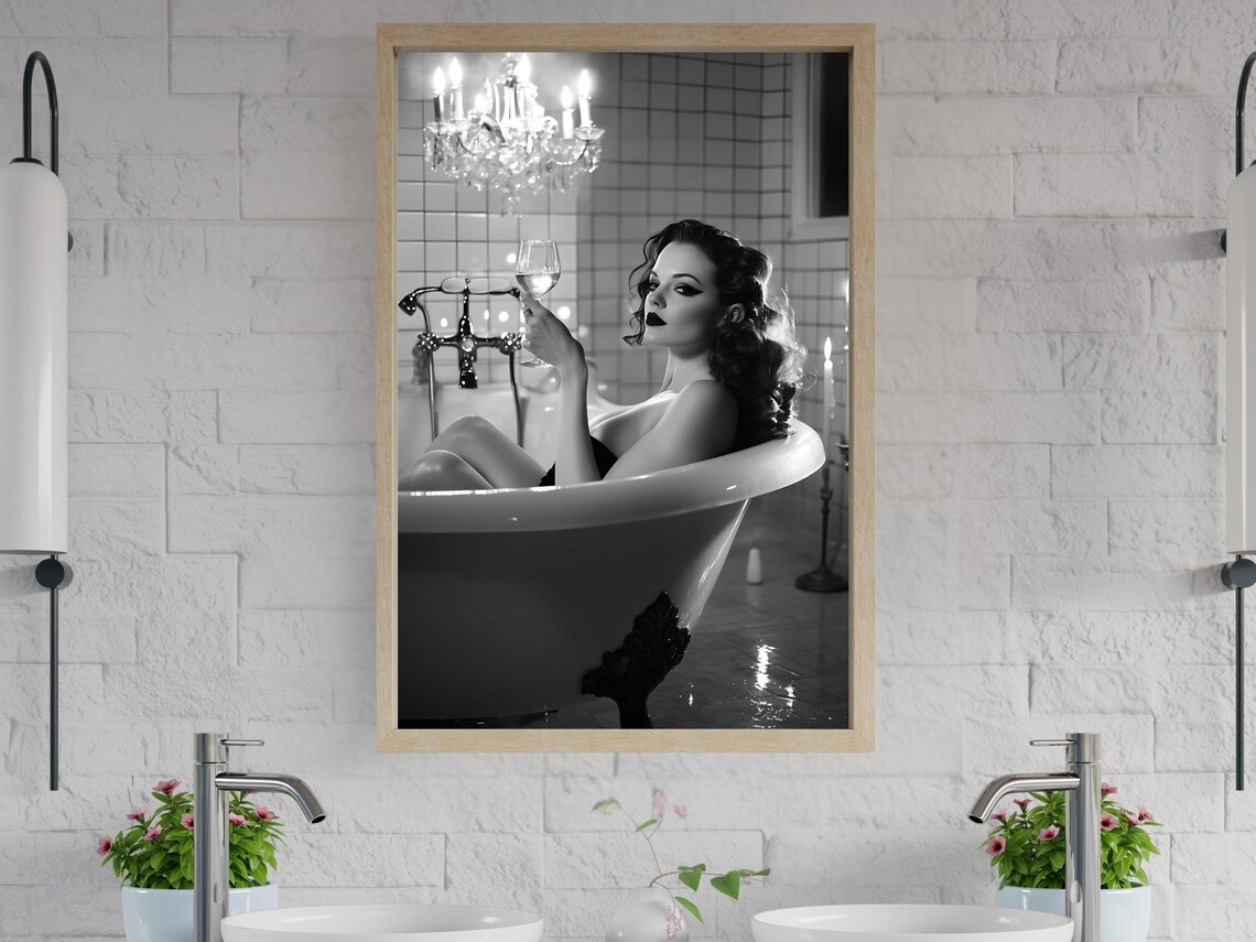 Glamorous Vintage Wall Art Elegant Black And White Bathroom Decor Retro Woman In Bathtub Print Candlelit Ambiance Classic Luxury