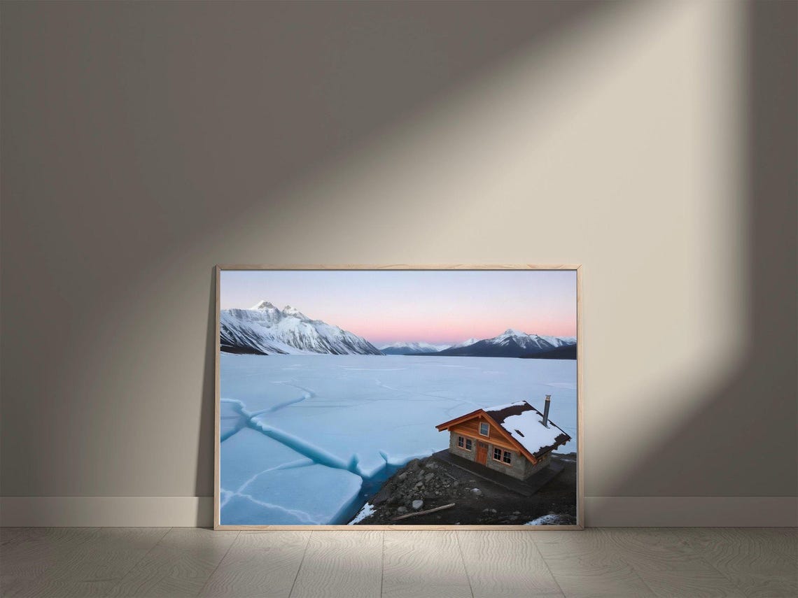 Rustic Log Cabin Beside a Frozen Lake at Dusk in Snowy Peaks Poster - Image 5