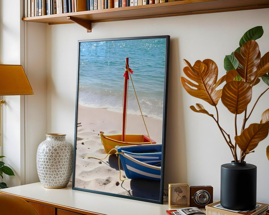 Two Colorful Wooden Boats Resting on Sunny Beach Shore Poster - Image 3