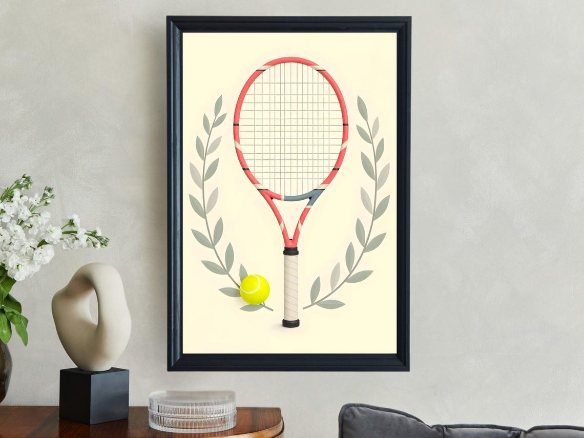Pink Tennis Racket and Ball with Laurel Wreath Sports Poster