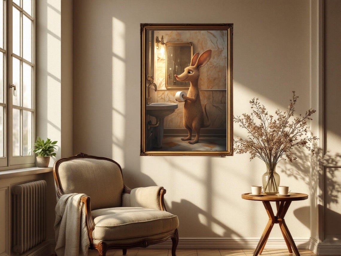 Funny Kangaroo Holding Toilet Paper in Marble Bathroom Poster - Image 4