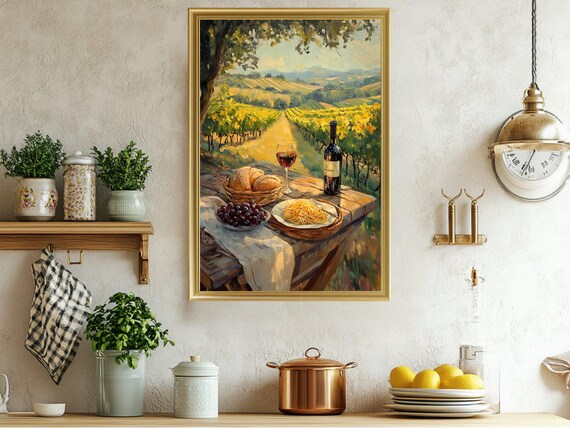 Tuscan Vineyard Picnic Still Life with Wine and Bread Poster