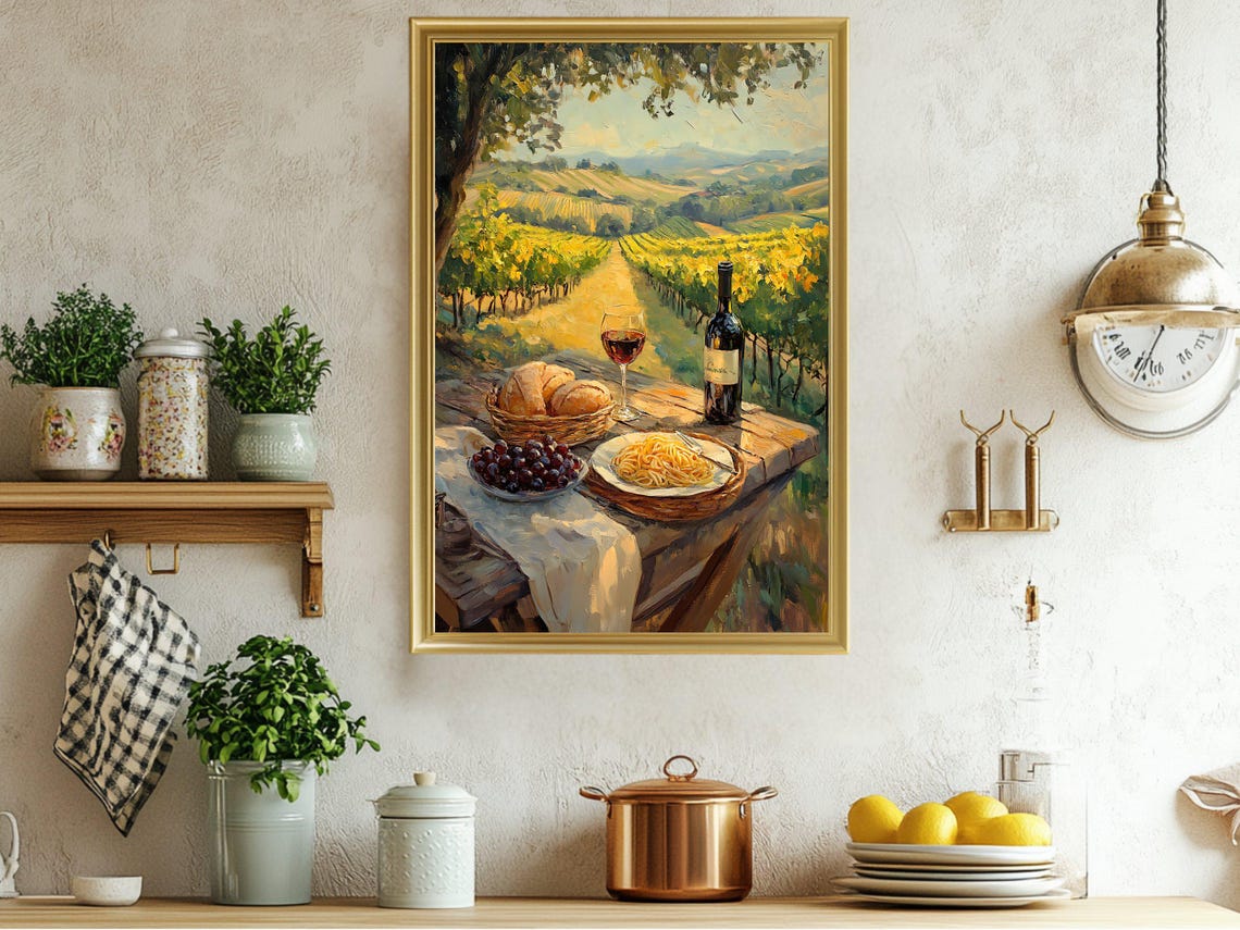 Tuscan Vineyard Picnic Still Life with Wine and Bread Poster