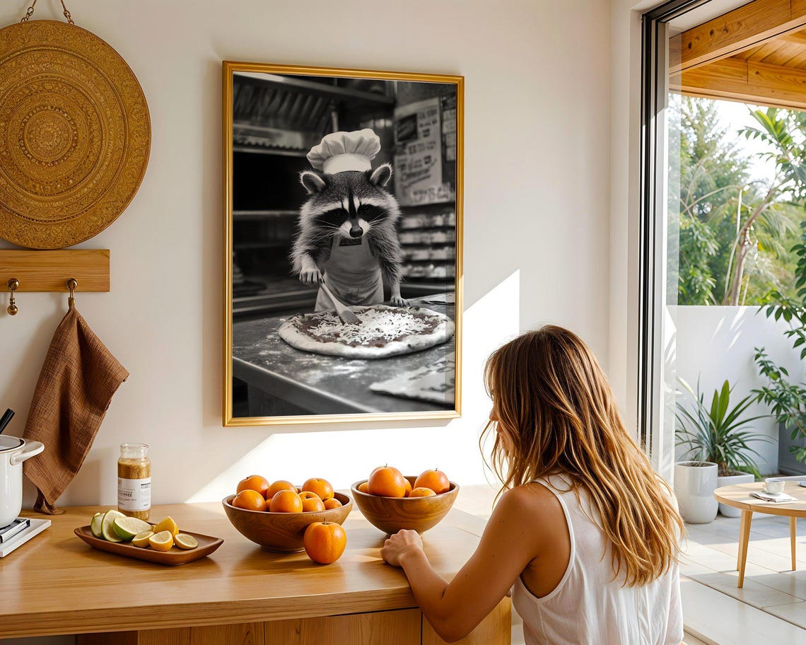 Raccoon Chef Making Pizza Funny Animal Pizzeria Kitchen Art Print - Image 5