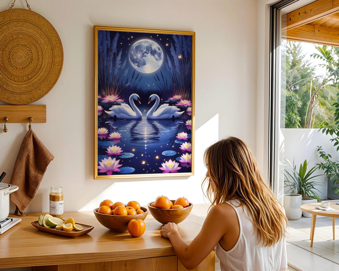 Two Swans In Love Under A Full Moon Among Pink Lotus Flowers Poster - Image 2