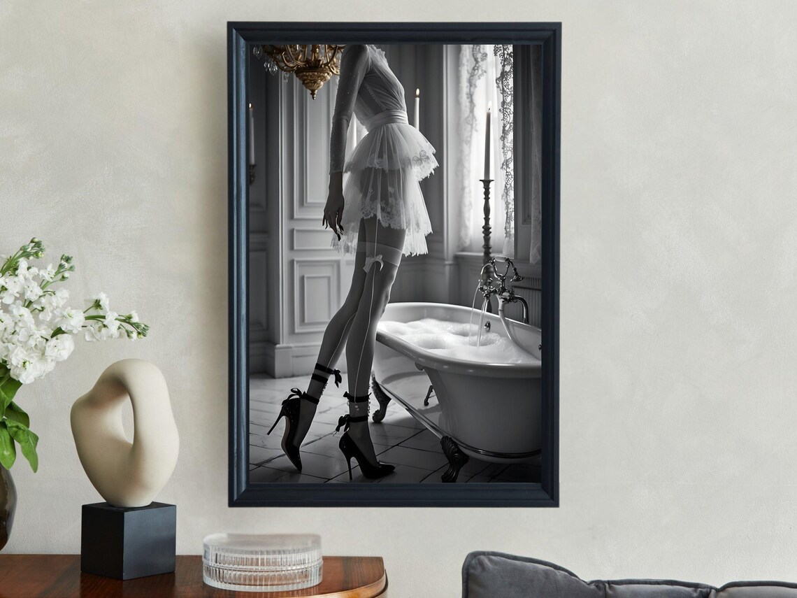 Woman In Short White Dress Walking Past A Clawfoot Tub Poster - Image 4