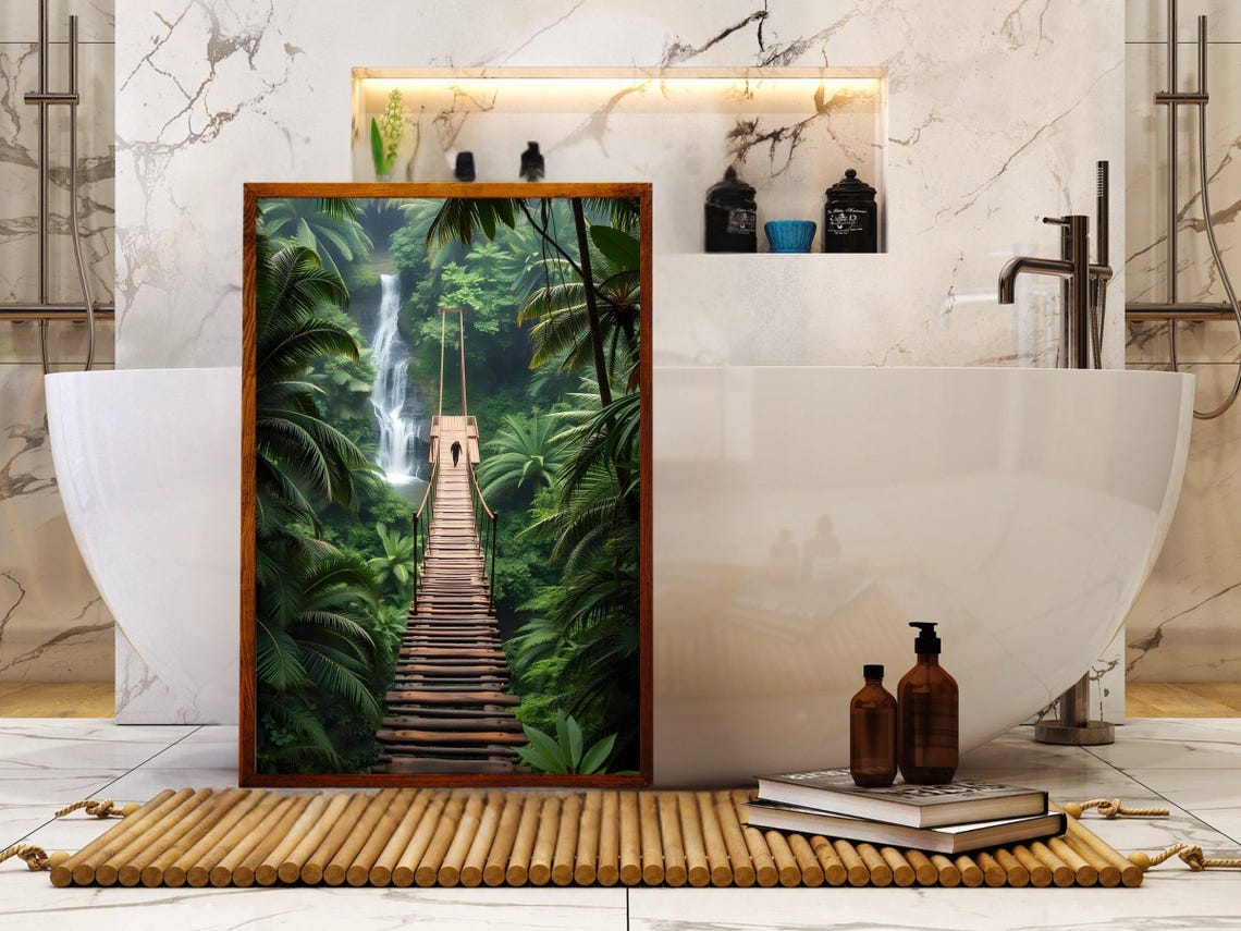 Long Suspension Bridge Crossing Over a Jungle Waterfall Poster - Image 4
