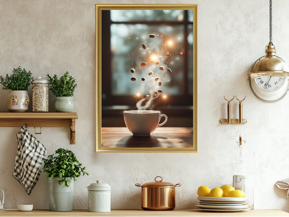 Dreamy Coffee Cup With Floating Beans Cozy Cafe Drink Poster