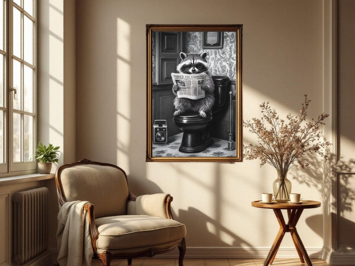 Raccoon in Round Sunglasses Reading a Newspaper on the Toilet Poster - Image 4