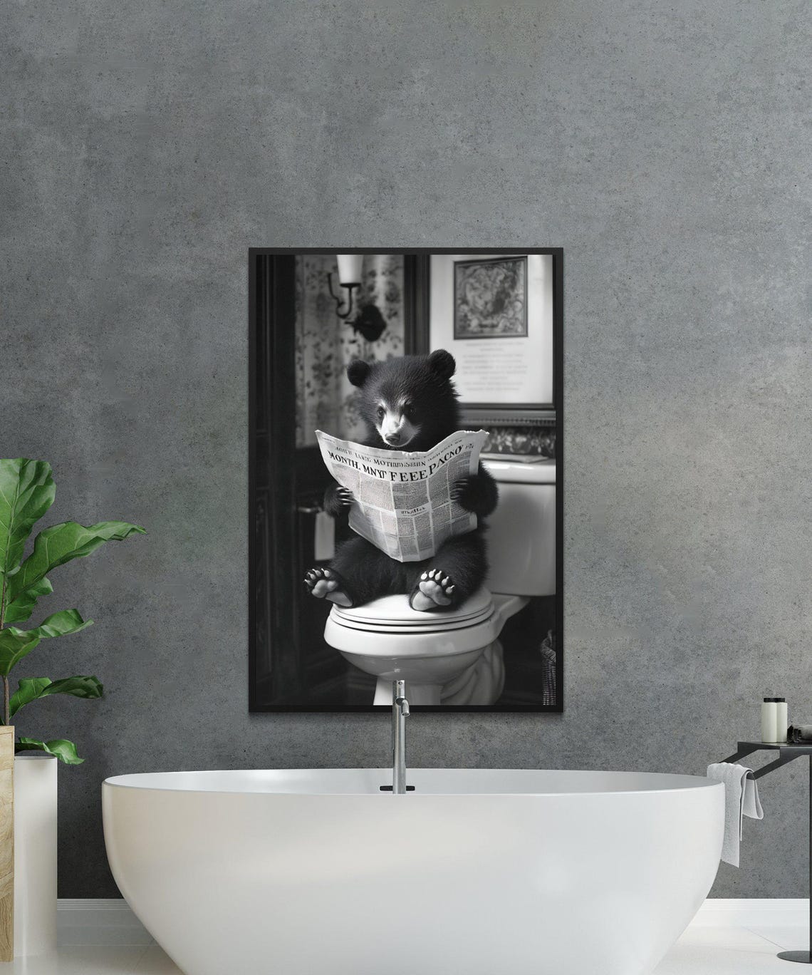 Funny Black Bear Cub Reading a Newspaper on the Toilet Poster - Image 2
