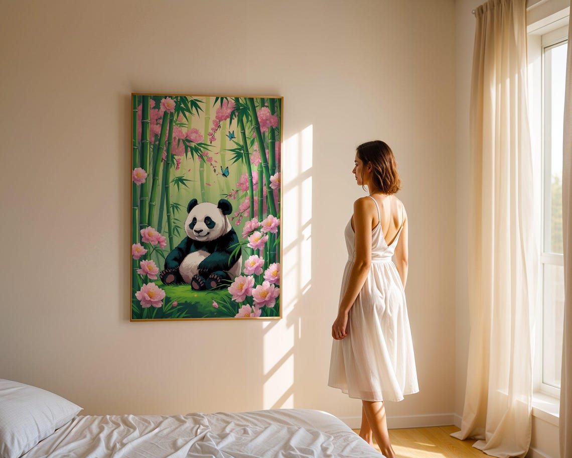 Cute Panda Bamboo Forest Cherry Blossom Nursery Room Art Print - Image 4