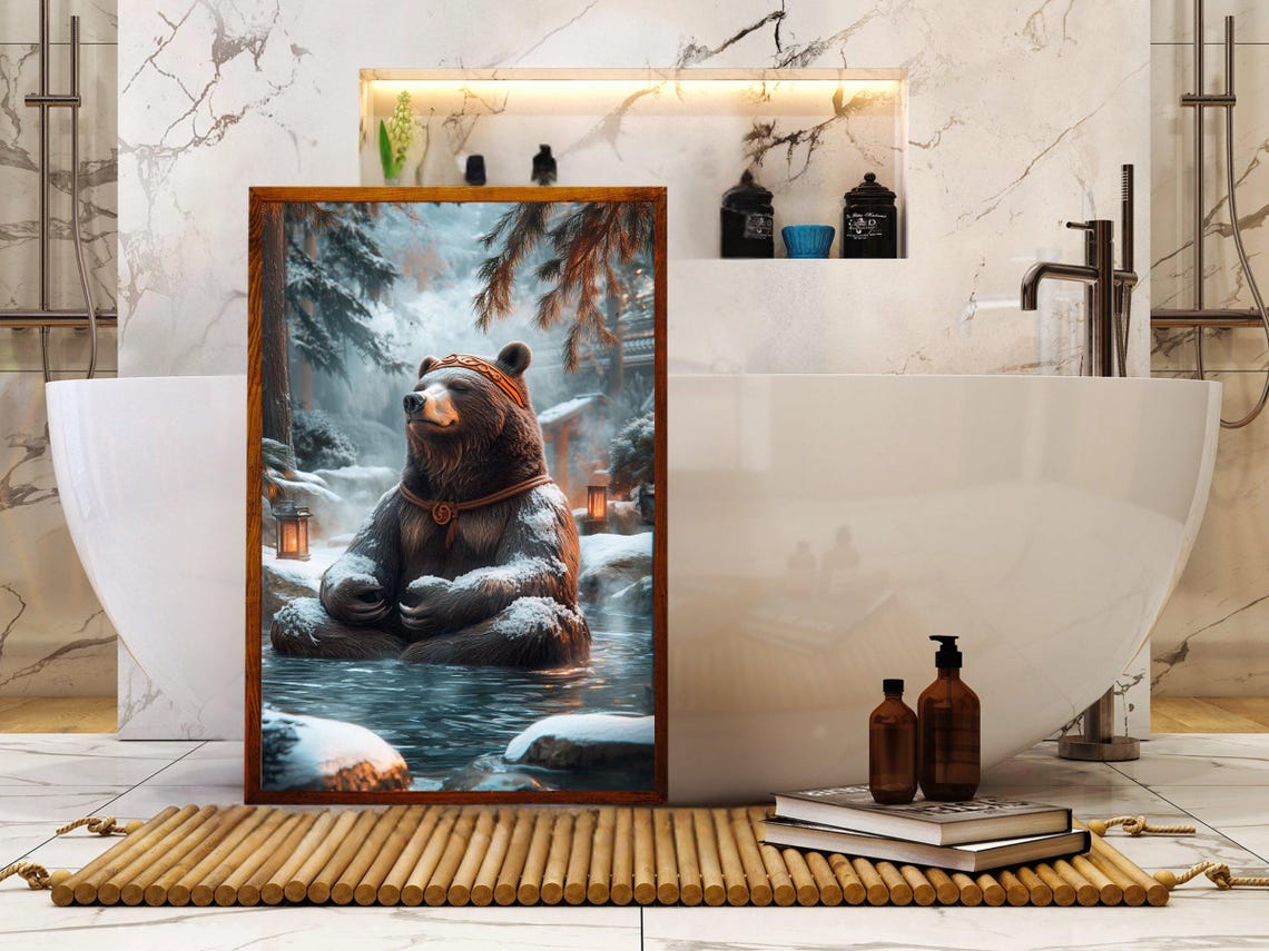 Meditating Zen Bear in Snowy Forest Hot Spring Winter Art Print - Image 5