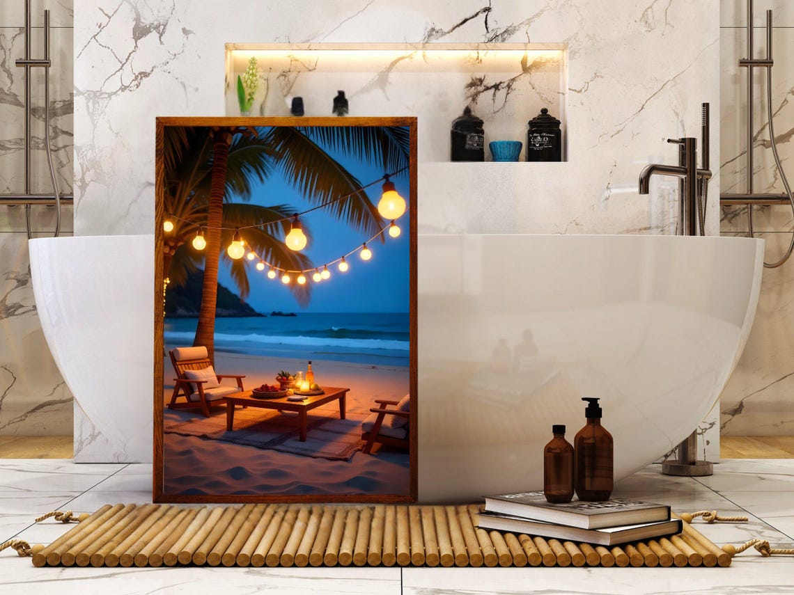 Evening Beach Picnic Under String Lights Cozy Seaside Poster - Image 2
