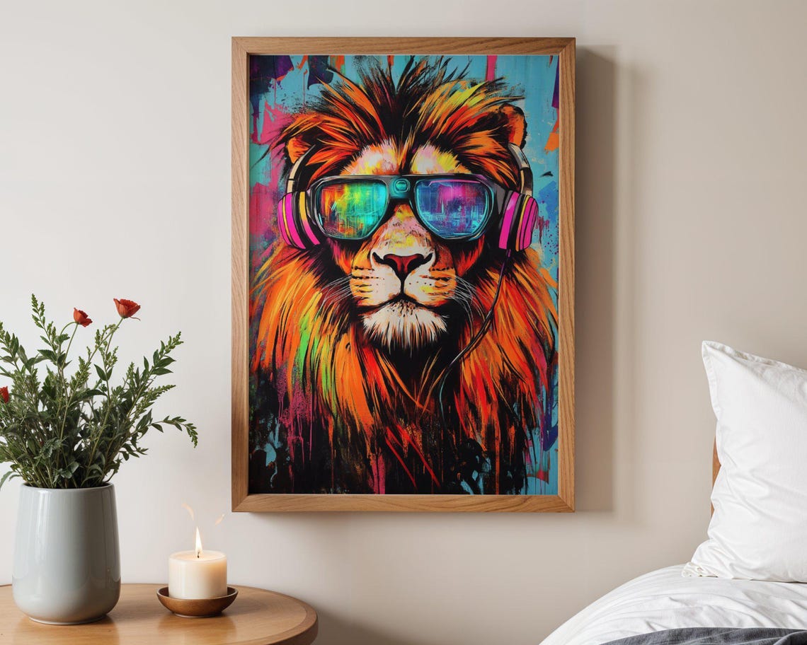 Colorful Pop Art Lion With Headphones And Reflective Sunglasses Poster