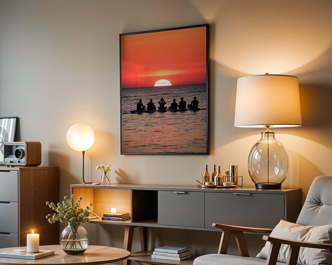 Sunset Ocean Surfing Silhouettes Group Paddle Board Photo Poster - Image 5