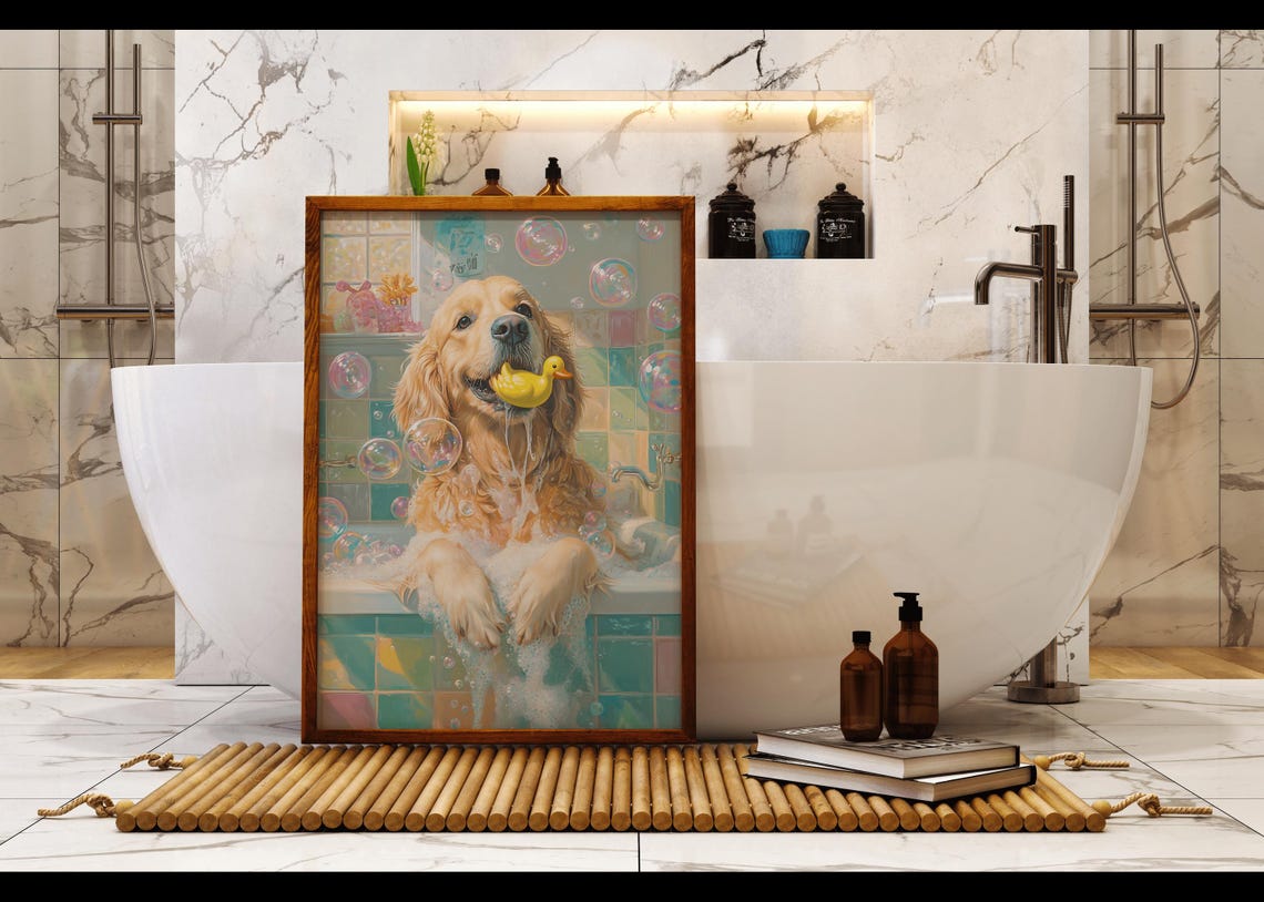 Golden Retriever Puppy In Bubble Bath Holding Rubber Duck Poster - Image 2