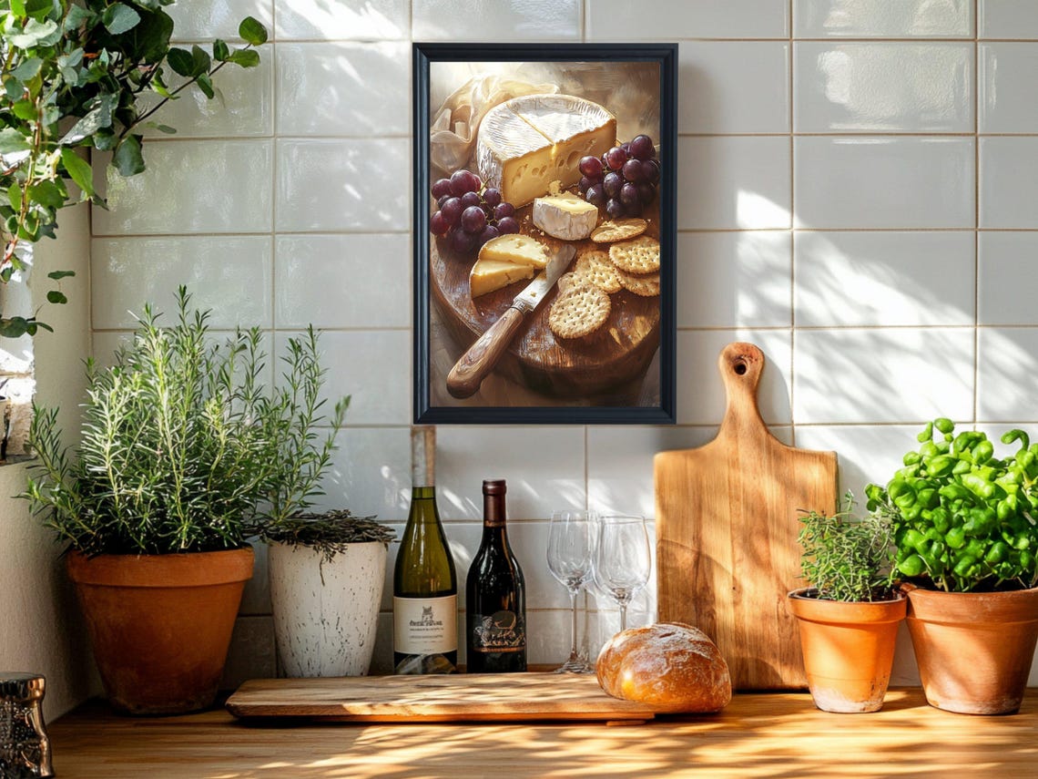 Rustic Cheese Board Grapes Brie Gourmet Kitchen Decor Art Print - Image 2