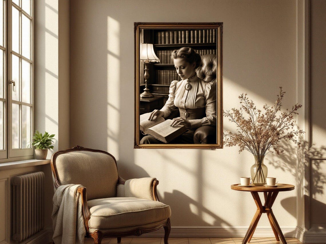 Sepia Vintage Portrait Of A Woman Reading In A Classic Library Poster - Image 2