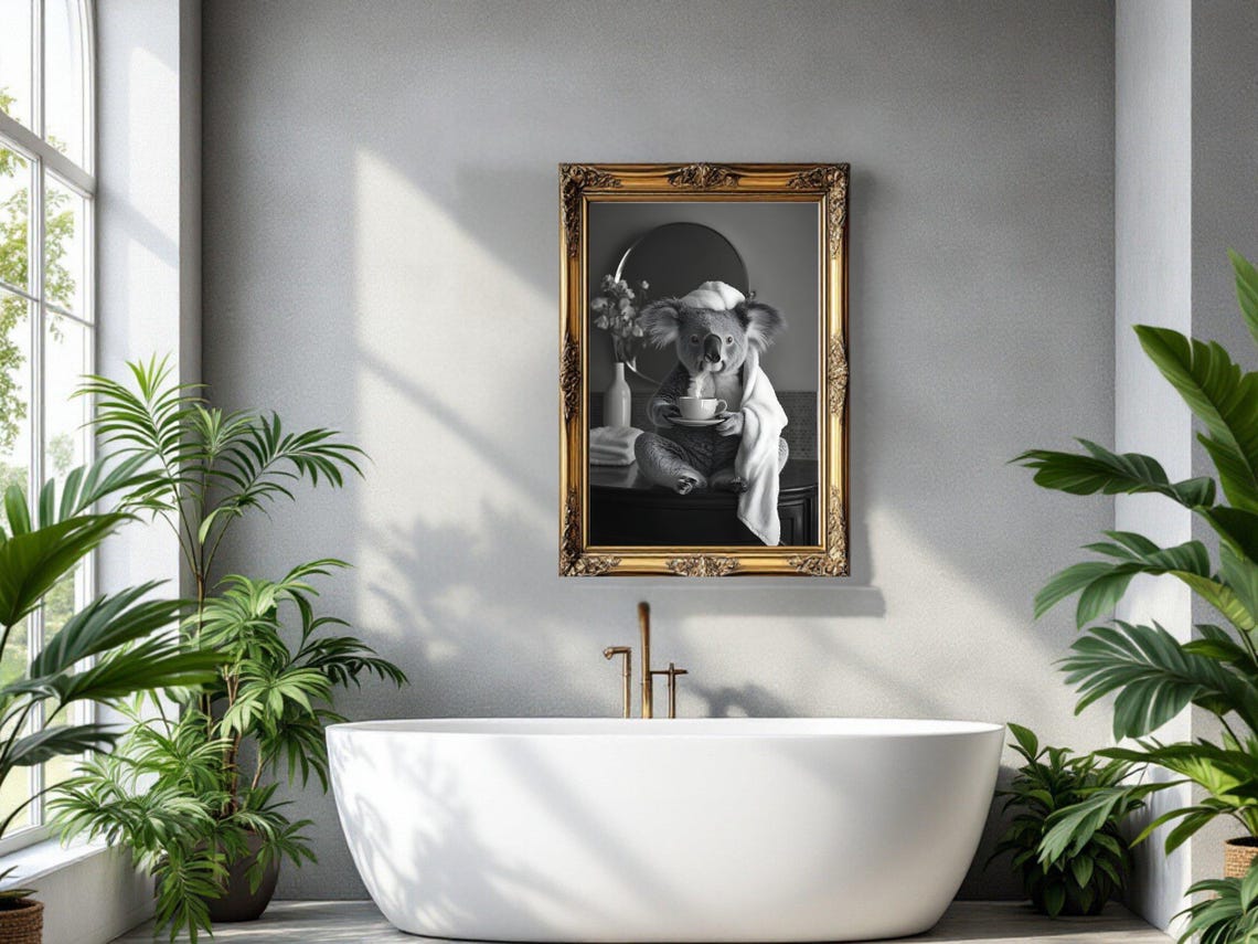 Koala Wrapped In Towel Drinking Coffee Black And White Poster - Image 3