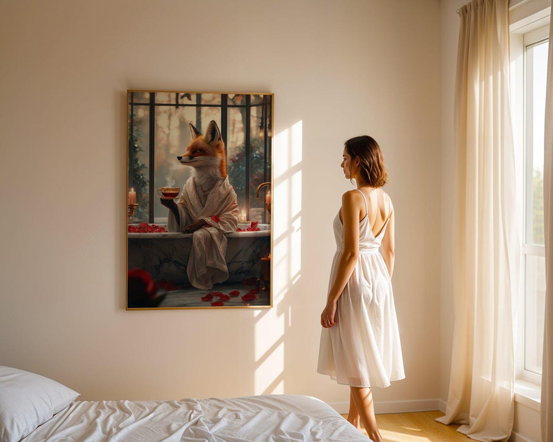 Elegant Fox in a Bathrobe Sipping Hot Tea on a Marble Bathtub Poster - Image 3