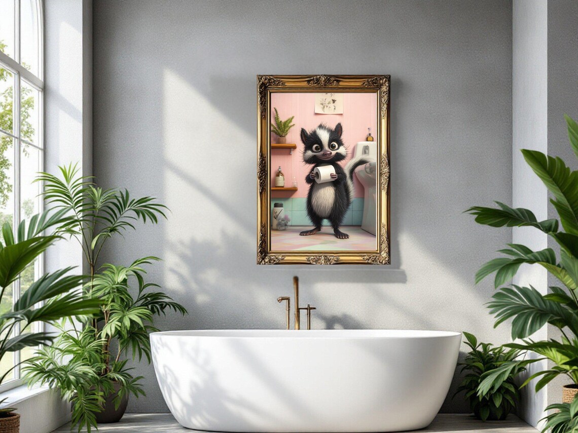 Funny Cartoon Skunk Holding a Roll of Toilet Paper Bathroom Poster - Image 3