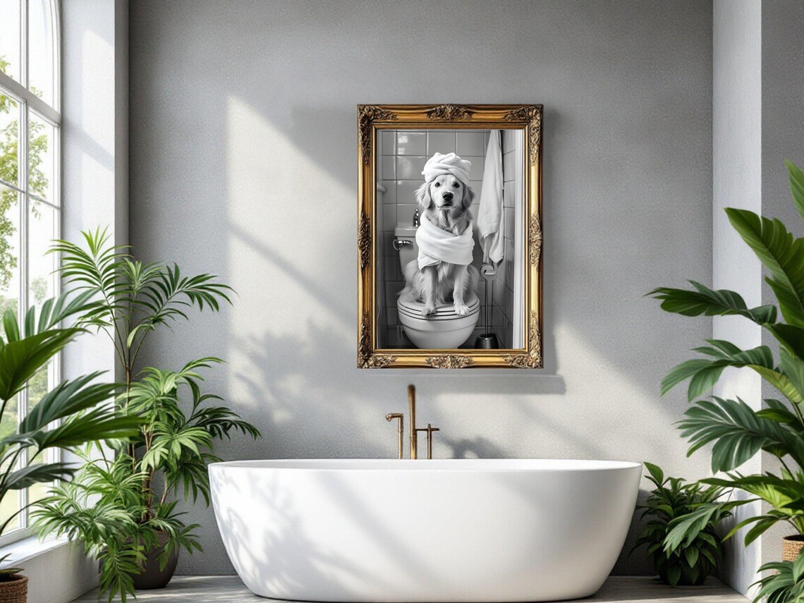 Golden Retriever Wrapped in Towels Enjoying a Spa Day on Toilet Poster - Image 3