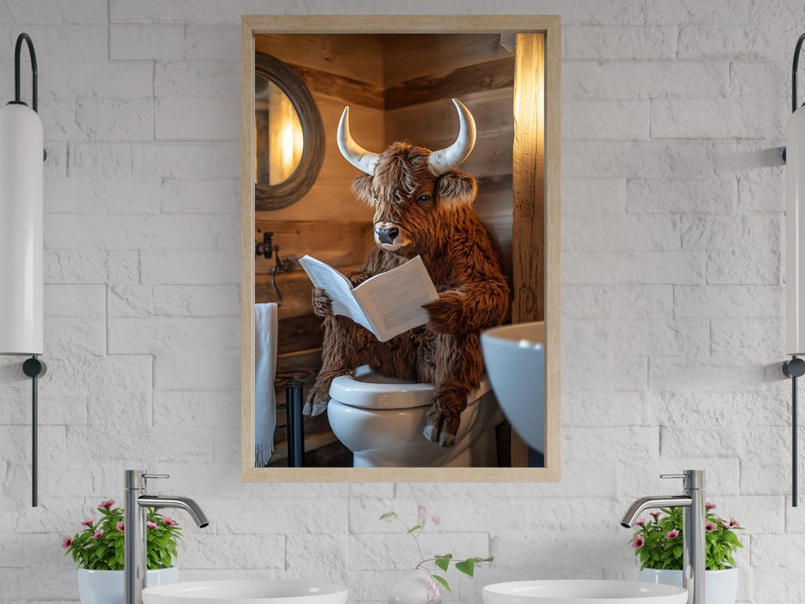 Highland Cow Reading a Book on the Toilet in a Rustic Cabin Poster