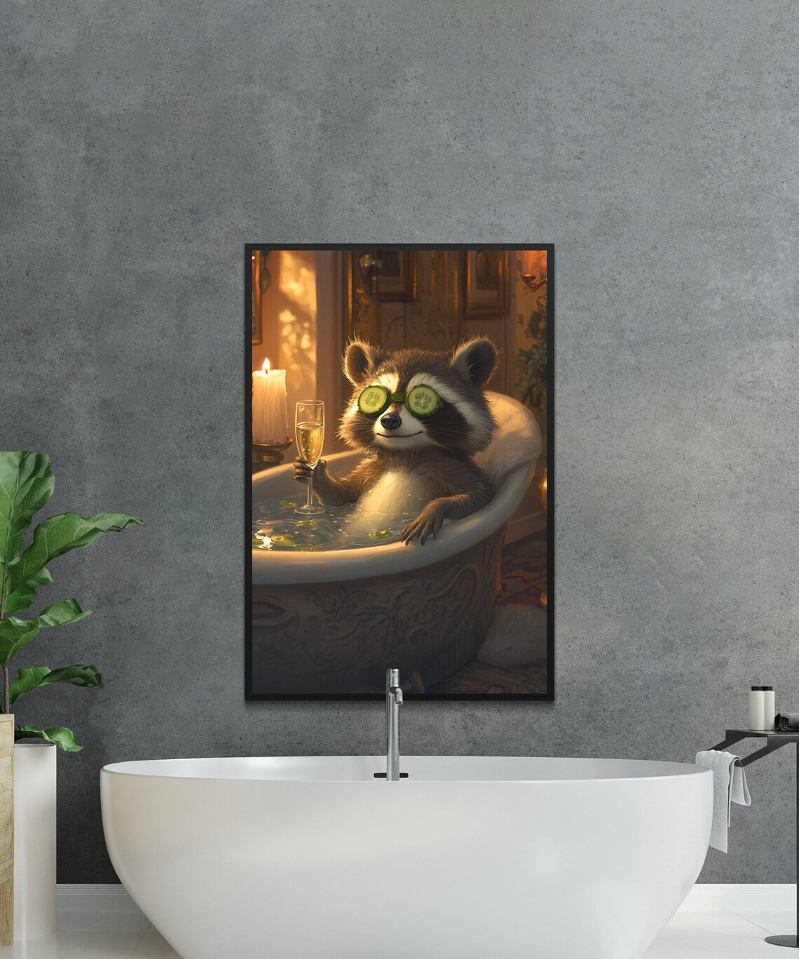 Raccoon Enjoying a Bubble Bath With Cucumber Slices and Champagne Poster - Image 2