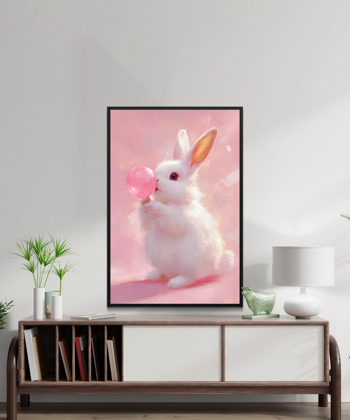 Fluffy White Bunny Blowing Pink Bubble Cute Nursery Art Poster - Image 5