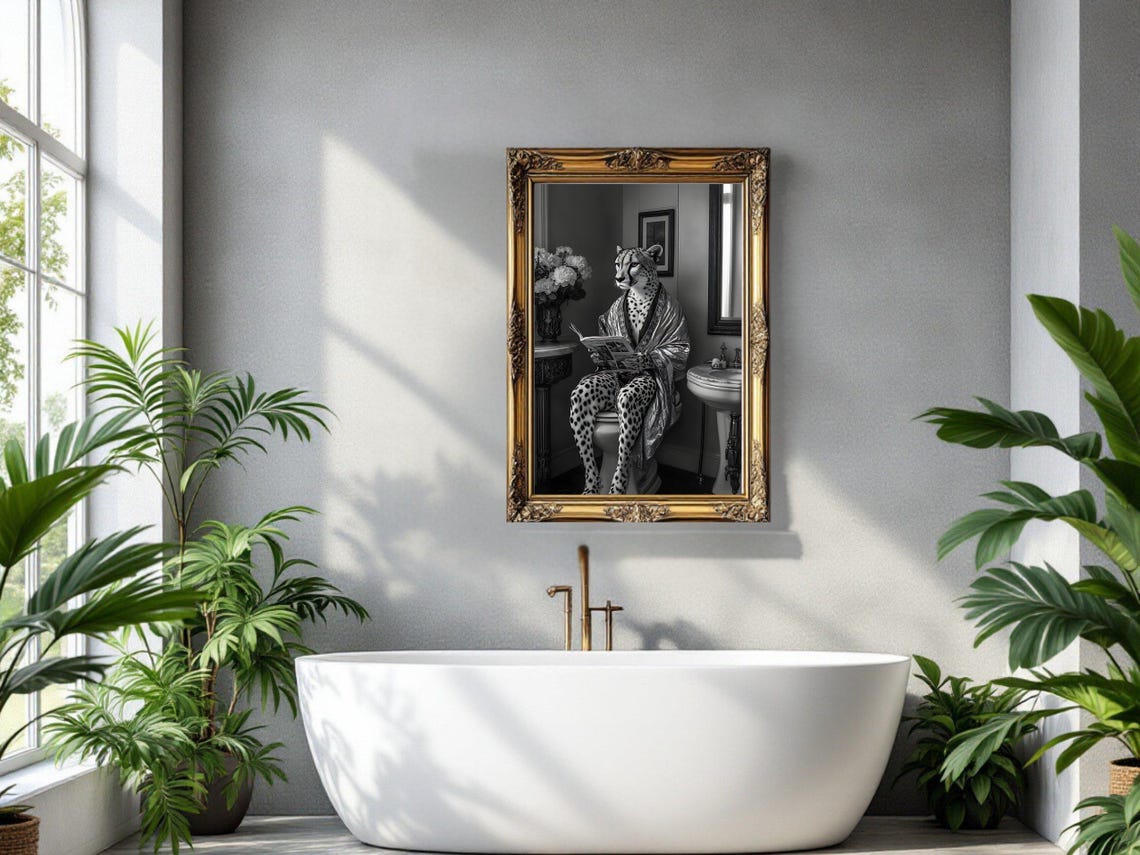 Cheetah In Satin Robe Reading On Toilet Black And White Poster - Image 3