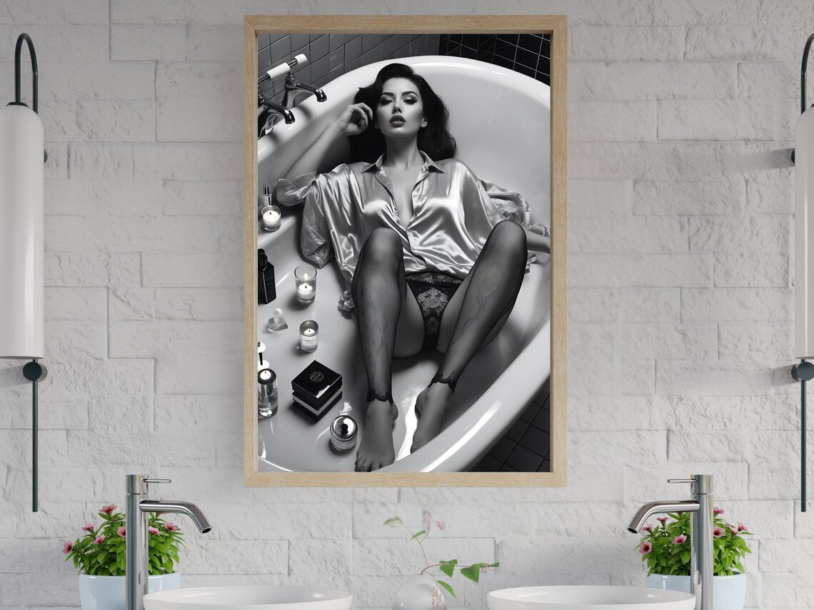 Woman in a Satin Shirt Reclining in a Bathtub With Candles Poster