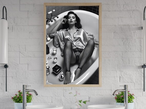 Woman in a Satin Shirt Reclining in a Bathtub With Candles Poster