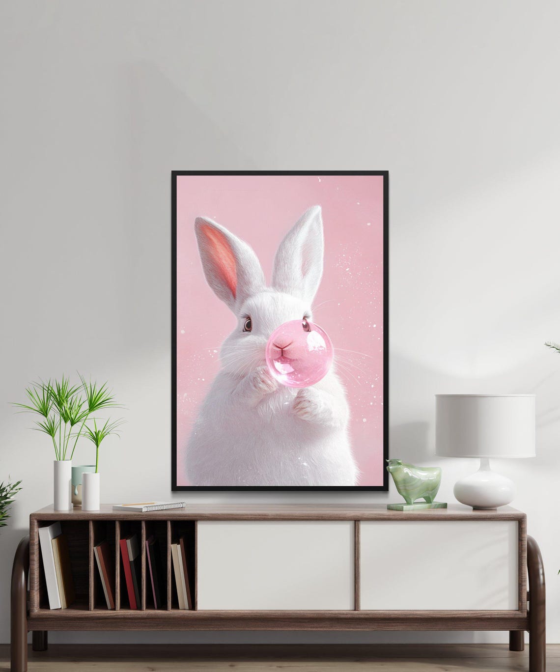 White Bunny Blowing A Pink Bubblegum Bubble On Pastel Pink Poster - Image 5
