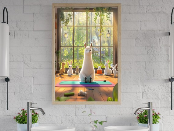 Llama Leading a Yoga Class With Bunnies in a Sunny Studio Poster