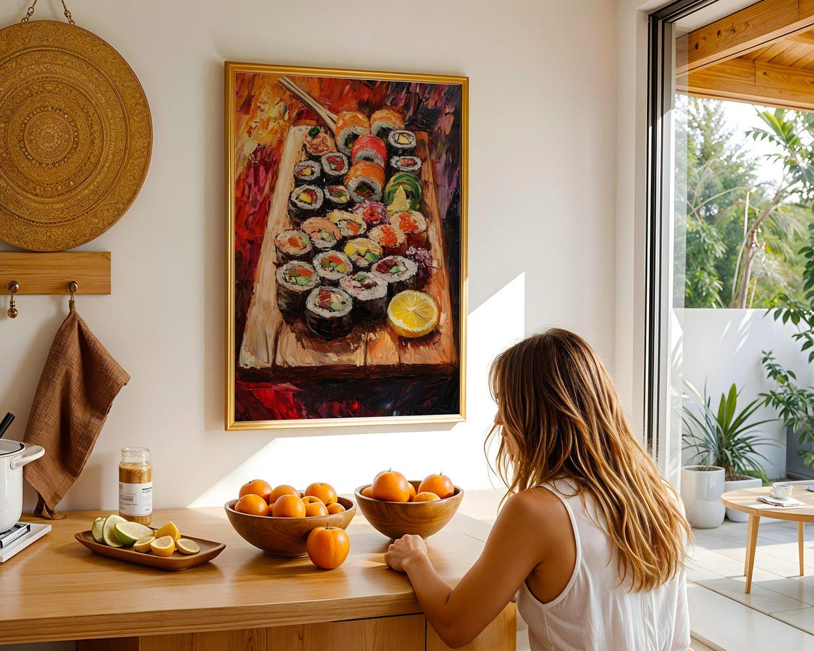Colorful Sushi Platter Oil Painting on a Wooden Board Poster - Image 4