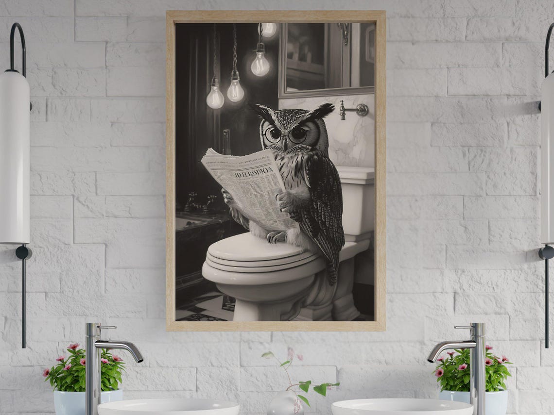 Owl Wearing Glasses Reading Newspaper Sepia Tone Bathroom Poster