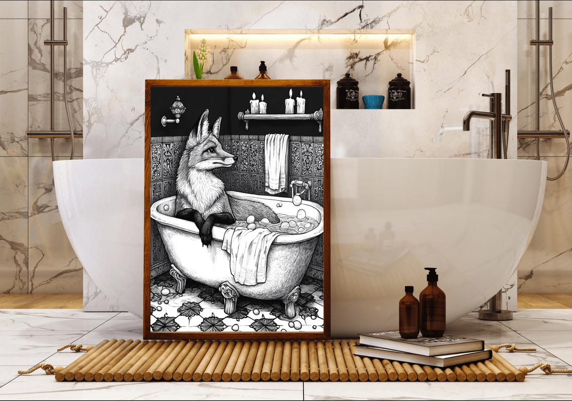 Fox Relaxing In A Clawfoot Bathtub Vintage Engraving Style Poster - Image 5