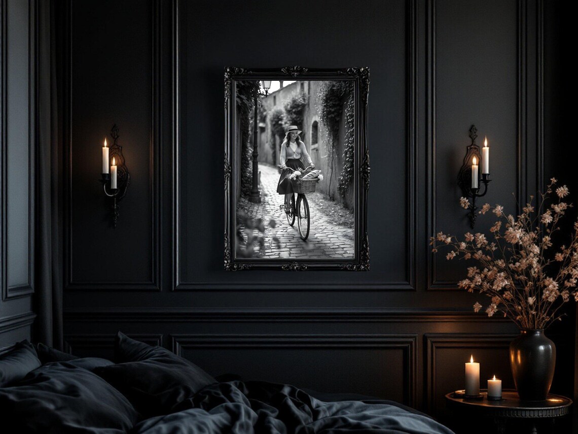 Woman Cycling Cobblestone Alley with Baguette-Filled Basket Poster - Image 3