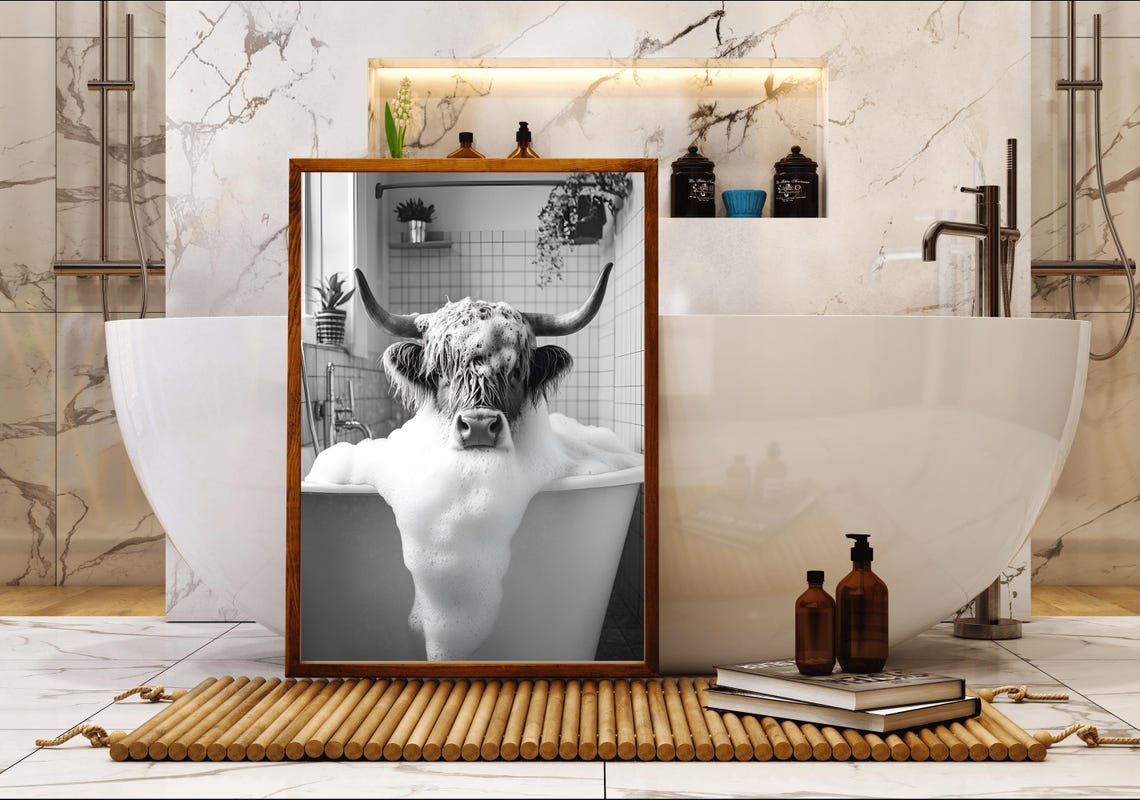 Highland Cow Soaking in a Bubble Bath Black and White Farmhouse Poster - Image 5