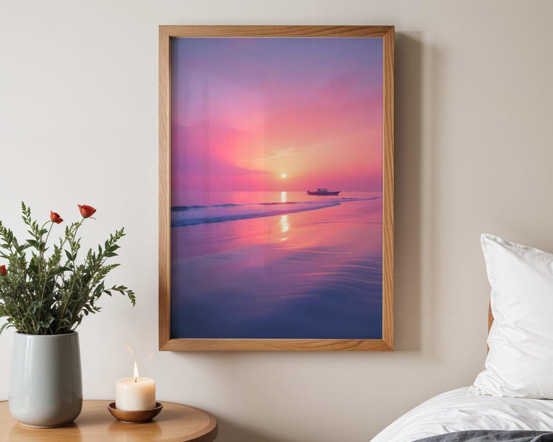 Soft Pink Ocean Sunset With Lone Boat On Calm Reflecting Water Poster