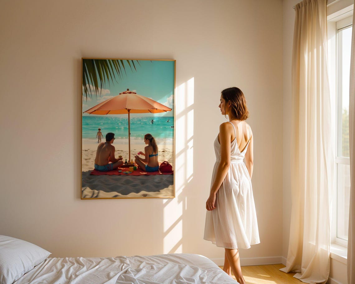 Couple Beach Picnic Under Bright Orange Umbrella Summer Day Poster - Image 4